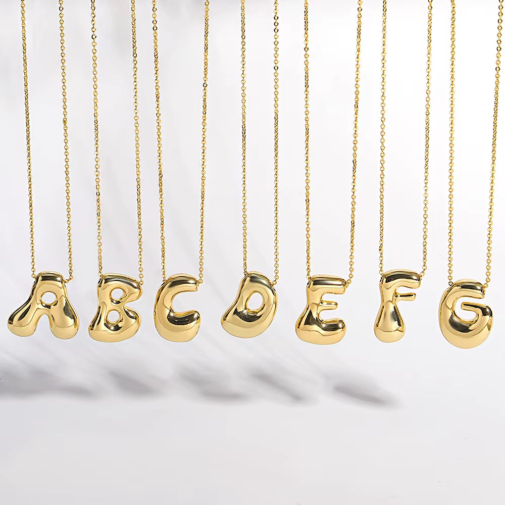 Elegant Golden Aura Bubble Letter Pendant Necklaces in Durable Gold Stainless Steel