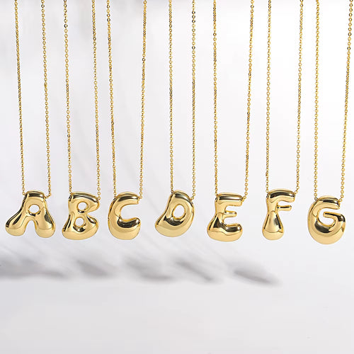 Elegant Golden Aura Bubble Letter Pendant Necklaces in Durable Gold Stainless Steel