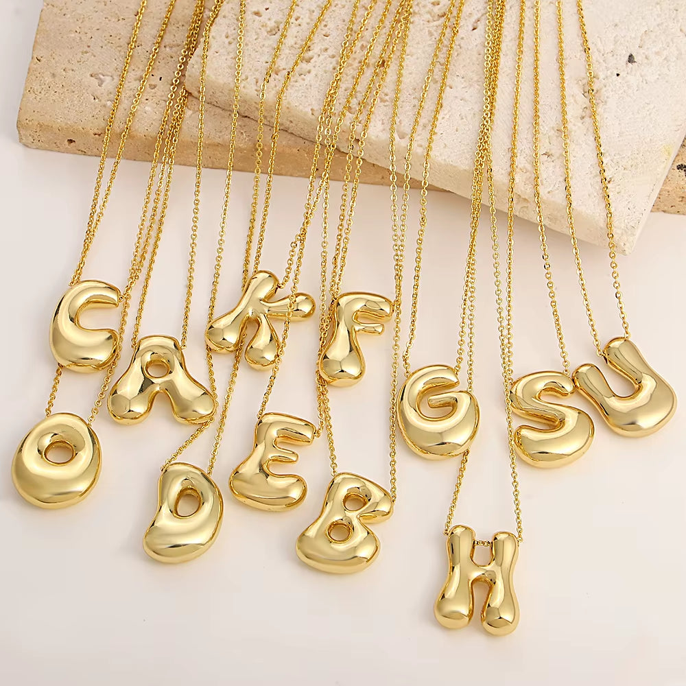 Elegant Golden Aura Bubble Letter Pendant Necklaces in Durable Gold Stainless Steel