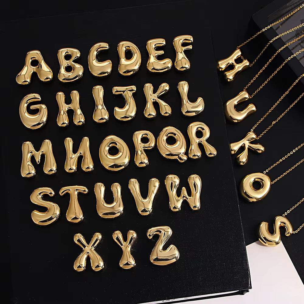 Elegant Golden Aura Bubble Letter Pendant Necklaces in Durable Gold Stainless Steel
