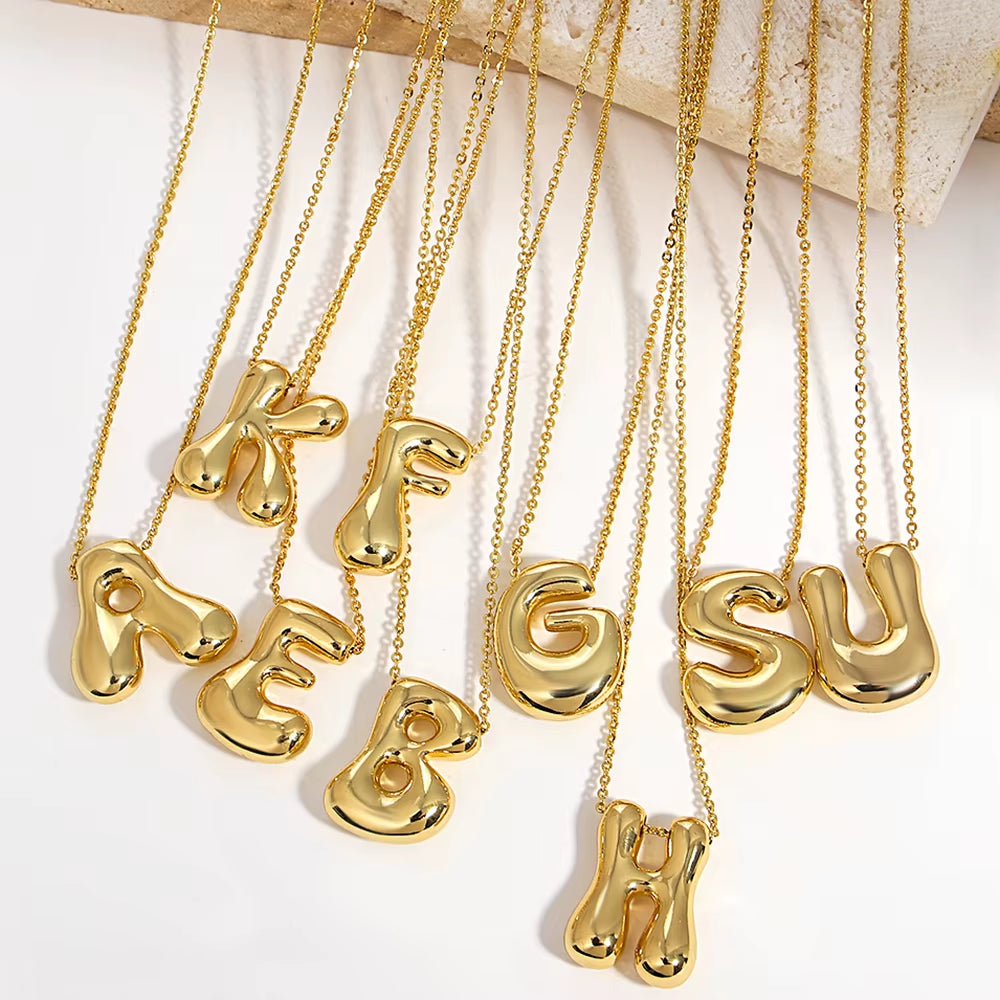 Elegant Golden Aura Bubble Letter Pendant Necklaces in Durable Gold Stainless Steel